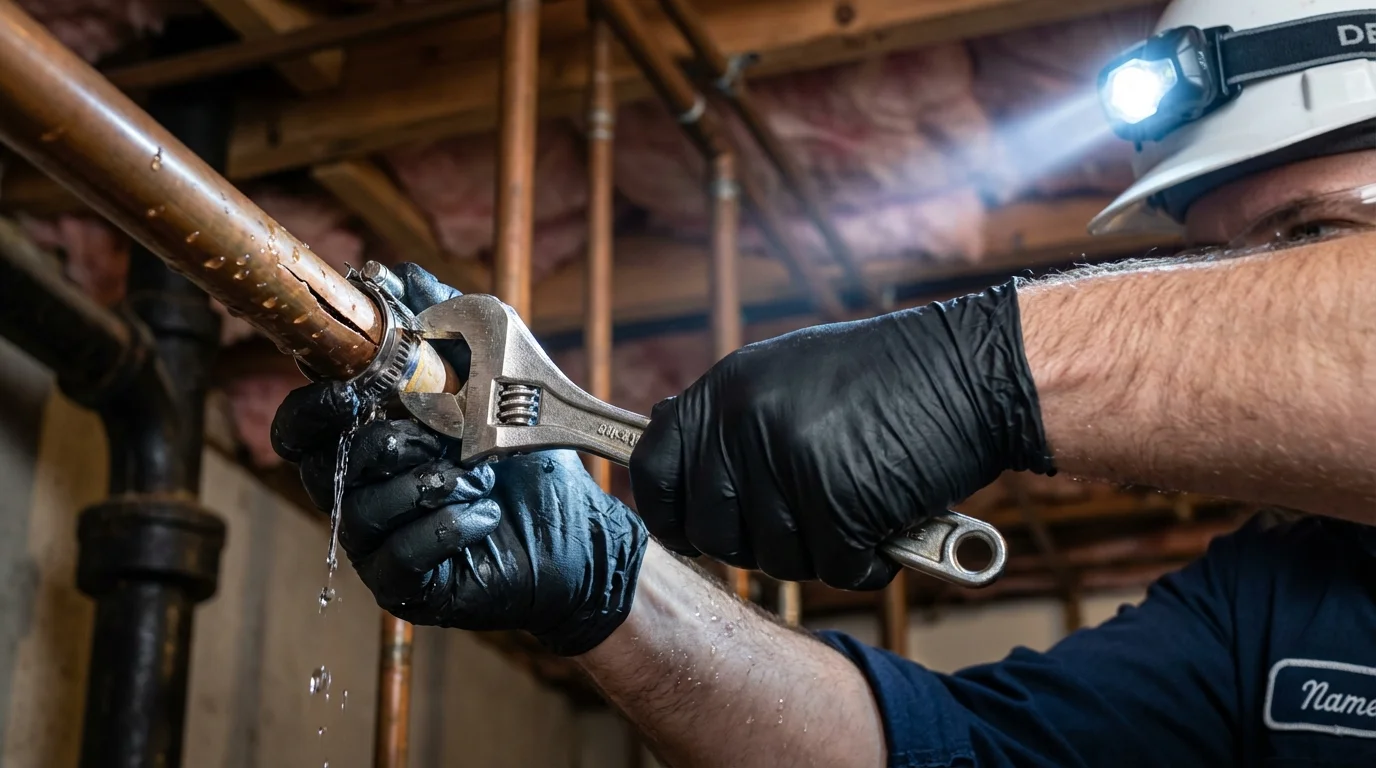 Emergency pipe clamp repair being performed by a Johns Plumbing LLC plumber in Fairview