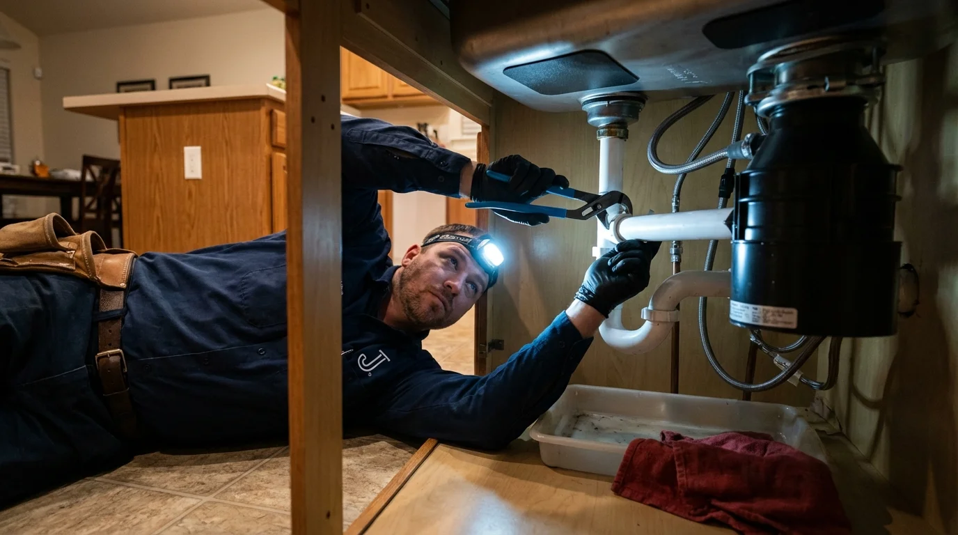 P-trap and supply line connections under a kitchen sink showing a common leak point in Fairview, UT